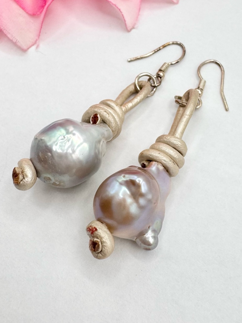 Large Baroque Freeform Pearl Earrings White Leather Cord Mermaidcore Sirencore